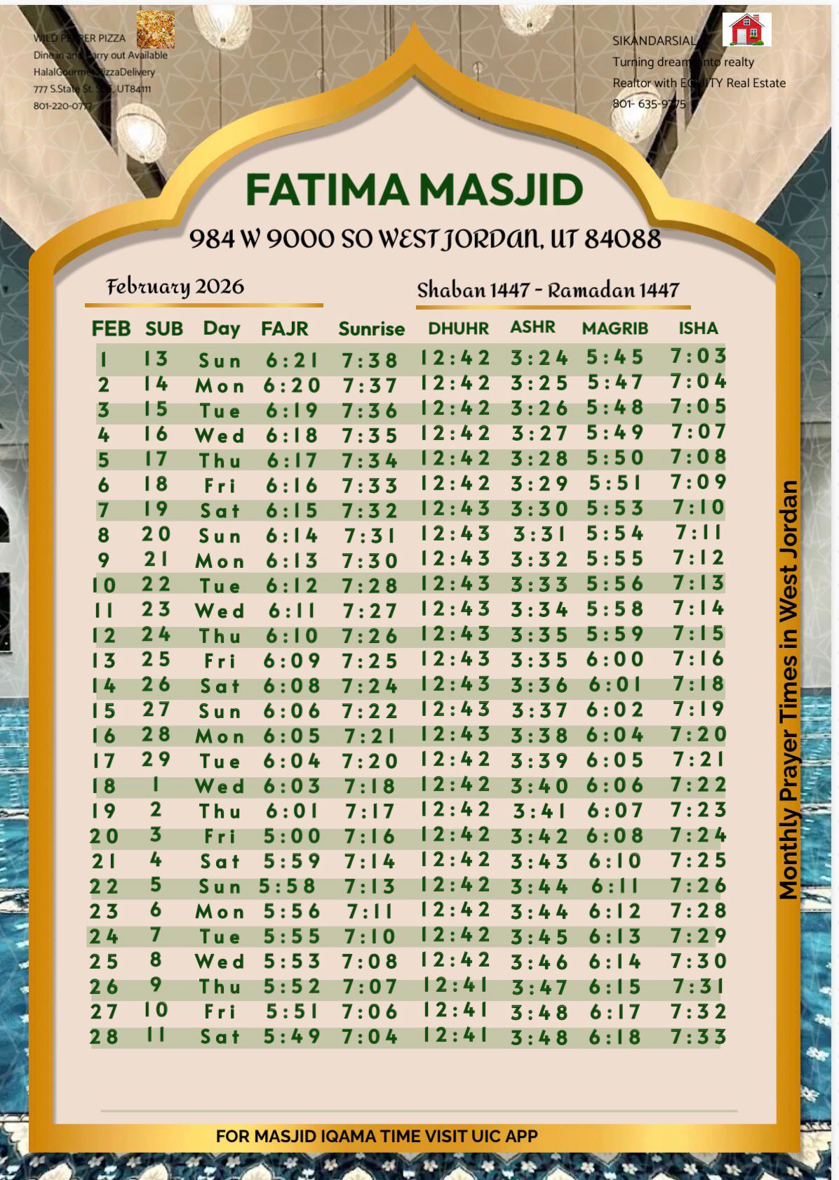 Fatima Masjid Schedule
