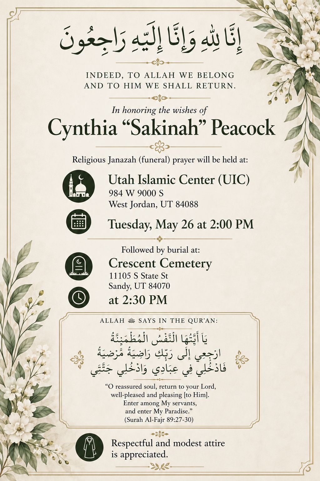 Cynthia Sakinah Peacock Janazah Flyer