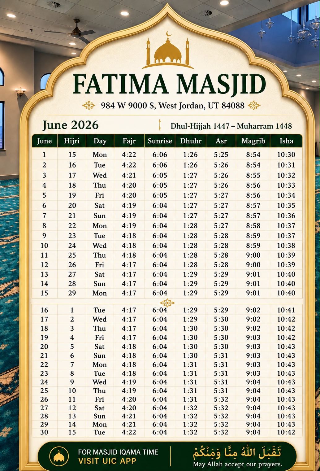 June 2026 Prayer Schedule