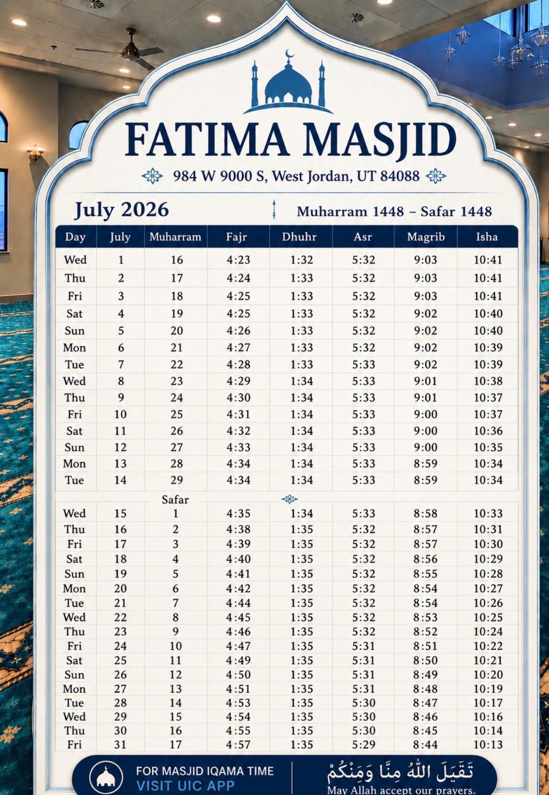 July 2026 Prayer Schedule