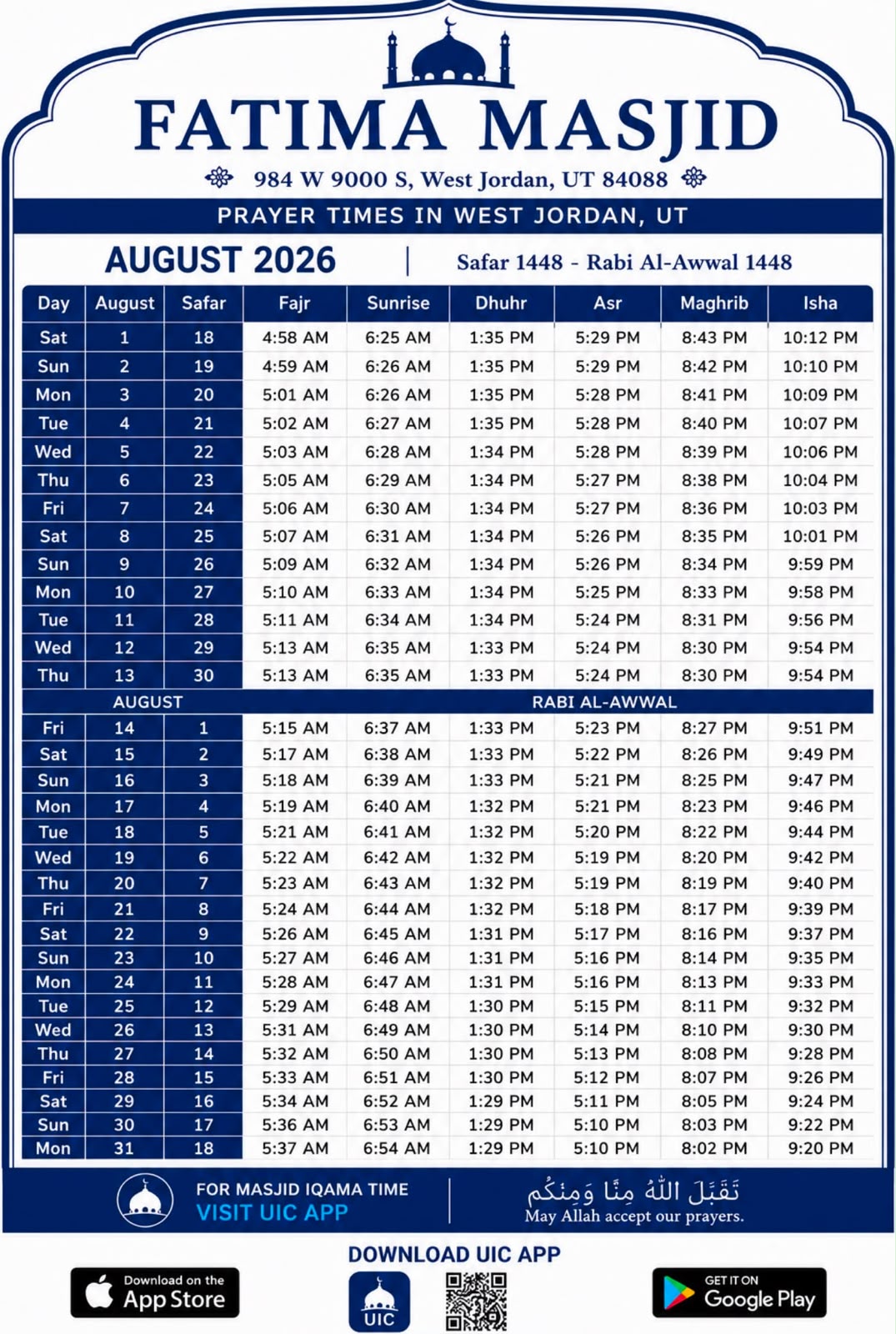 Fatima Masjid August 2026 Prayer Times Flyer