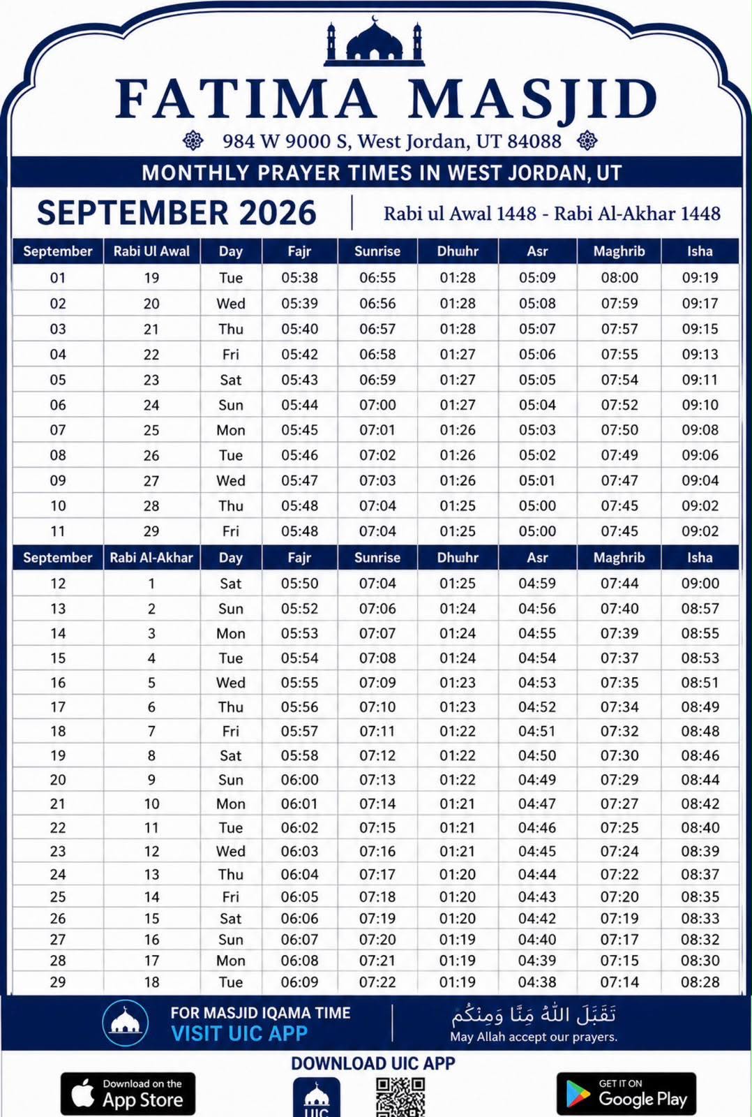 Fatima Masjid September 2026 Prayer Times Flyer